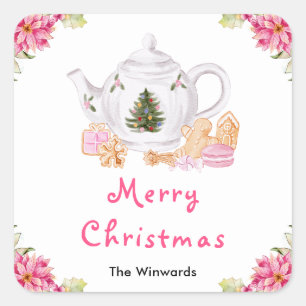 Weihnachts-Feiertags-Tee Pink Frohe Weihnachten Quadratischer Aufkleber