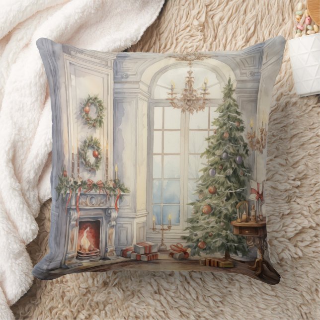 Weihnachts Fireplace Window Tree Blue Kissen (Decke)