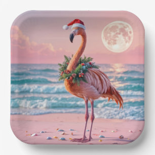 Weihnachts Flamingo am rosa Strand Pappteller