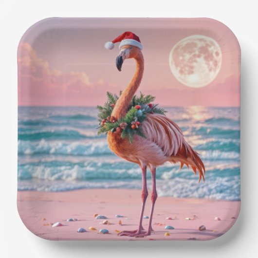 Weihnachts Flamingo am rosa Strand Pappteller (Vorderseite)