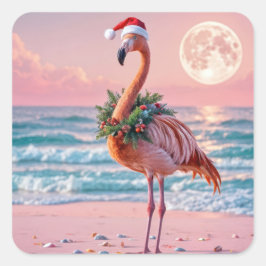 Weihnachts-Flamingo am rosa Strand Quadratischer Aufkleber