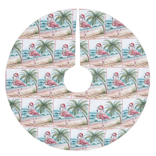 Weihnachts-Flamingo am Strand Polyester Weihnachtsbaumdecke (Vorderseite)