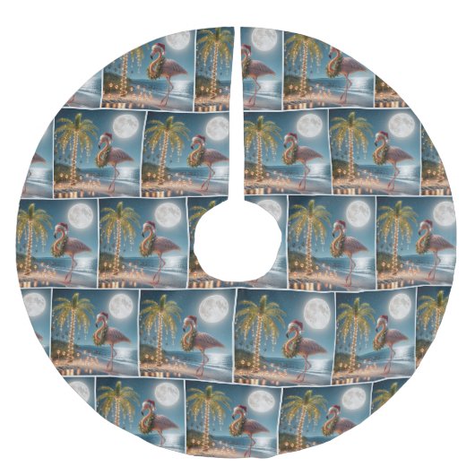 Weihnachts-Flamingo am Strand Polyester Weihnachtsbaumdecke (Vorderseite)