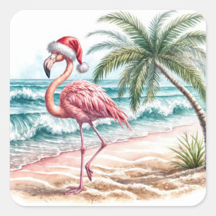 Weihnachts-Flamingo am Strand Quadratischer Aufkleber