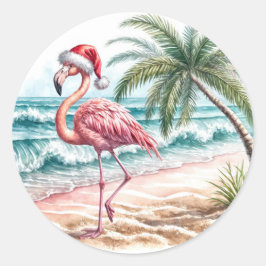 Weihnachts-Flamingo am Strand Runder Aufkleber