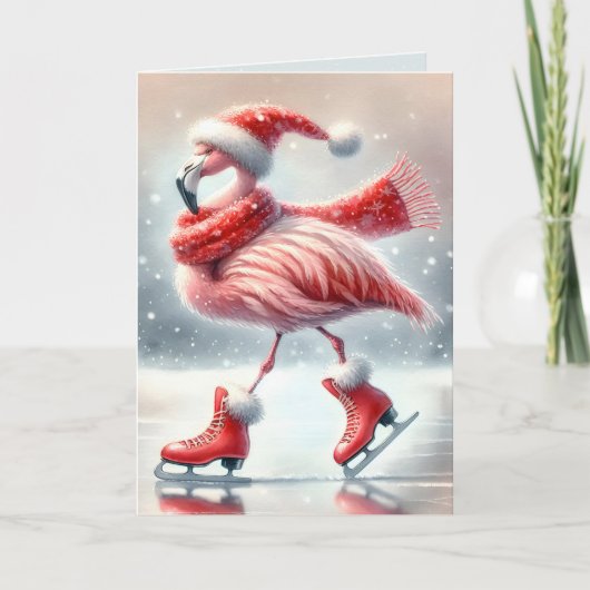 Weihnachts Flamingo Ice Skaten Karte (Vorderseite)