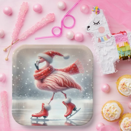 Weihnachts Flamingo Ice Skaten Pappteller (Party)