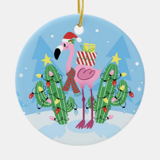 Weihnachts-Flamingo mit Kaktus Keramik Ornament (Vorne)