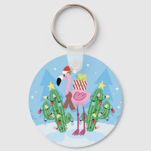 Weihnachts-Flamingo mit Kaktus Schlüsselanhänger