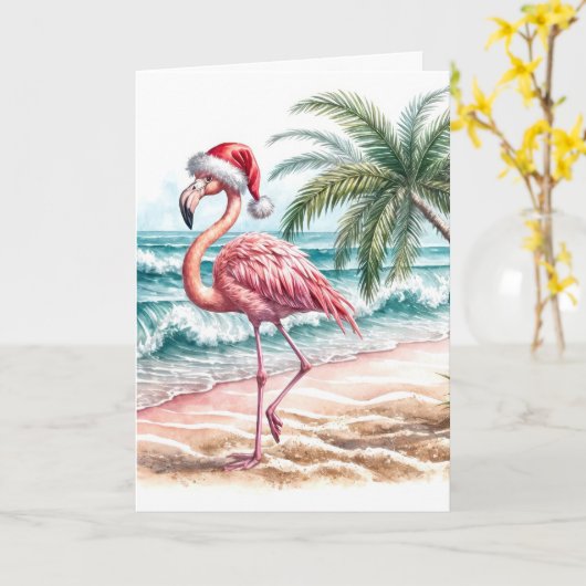 Weihnachts-Flamingo mit Santa Cap Karte (Gelbe Blume)