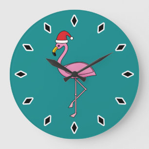 Weihnachts-Flamingo mit Weihnachtsmannmütze Große Wanduhr
