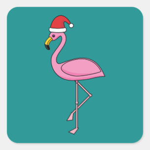 Weihnachts-Flamingo mit Weihnachtsmannmütze Quadratischer Aufkleber