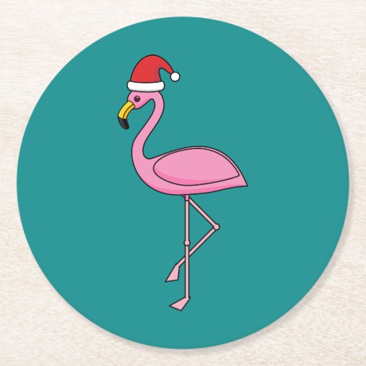 Weihnachts-Flamingo mit Weihnachtsmannmütze Runder Pappuntersetzer (Vorderseite)