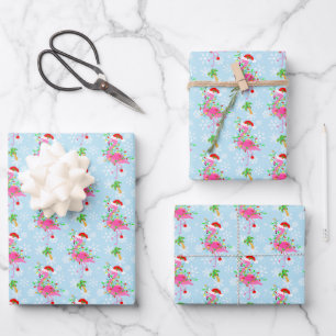 Weihnachts-Flamingo-Muster Blau Geschenkpapier Set