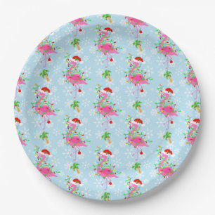 Weihnachts-Flamingo-Muster Blau Pappteller