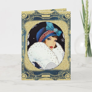 Weihnachts-Flapper-Girl großer weißer Pelzmantel Feiertagskarte