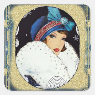 Weihnachts-Flapper-Girl großer weißer Pelzmantel Quadratischer Aufkleber