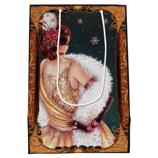Weihnachts-Flapper-Girl in einem goldenen Glitterk Mittlere Geschenktüte (Rückseite)