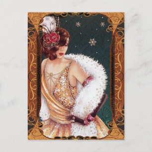 Weihnachts-Flapper-Girl in einem goldenen Glitterk Postkarte