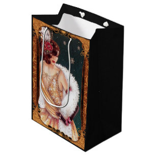 Weihnachts-Flapper-Girl in einem goldenen glitzern Mittlere Geschenktüte