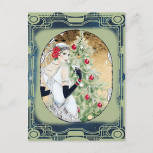 Weihnachts-Flapper-Girl mit Drink und Baum Postkarte