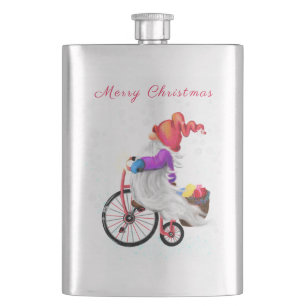Weihnachts-Flashe Gnome mit Bike und Geschenk Flachmann
