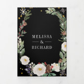 Weihnachts-Floral Monogram QR Code Black Wedding Dreifach Gefaltete Einladung (Cover)