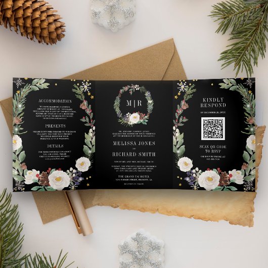 Weihnachts-Floral Monogram QR Code Black Wedding Dreifach Gefaltete Einladung