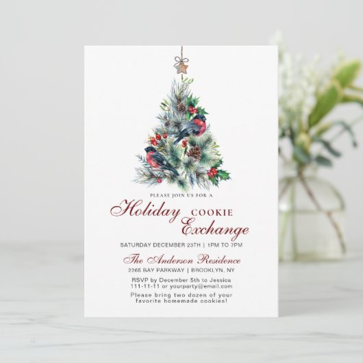 Weihnachts-Foliage Red Bird Holiday Cookie Exchang Einladung (Stehend Vorderseite)