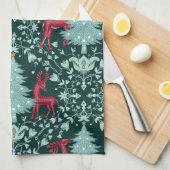 Weihnachts-Folk Art Red Rentier and Tree Geschirrtuch (Viertel Falte)