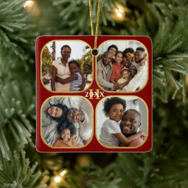 Weihnachts Foto Collage Monogram Gold Red Keramikornament
