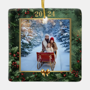 Weihnachts-Foto-Erinnerungen: Foliage & Gold Bow Keramikornament