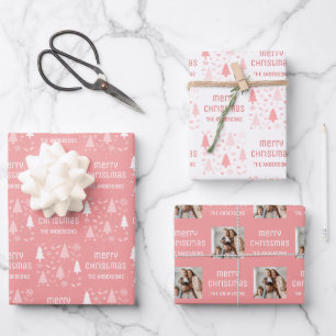 Weihnachts-Foto Familienname Rosa Geschenkpapier Set