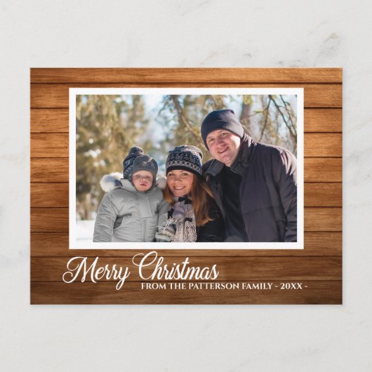 Weihnachts-Foto Familienname Rustikaler Holzstil Postkarte (Vorderseite)