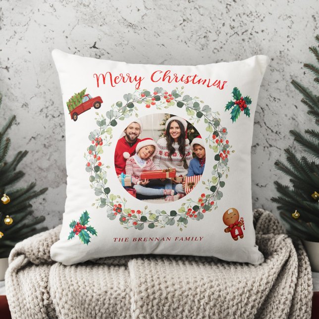 Weihnachts-Foto Feiertag Kraut Festlich Kissen (Christmas Photo Holiday Wreath Festive Throw Pillow)
