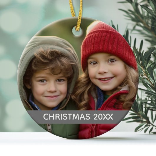 Weihnachts Foto Jahr Moderner Minimaler Graustreif Keramik Ornament