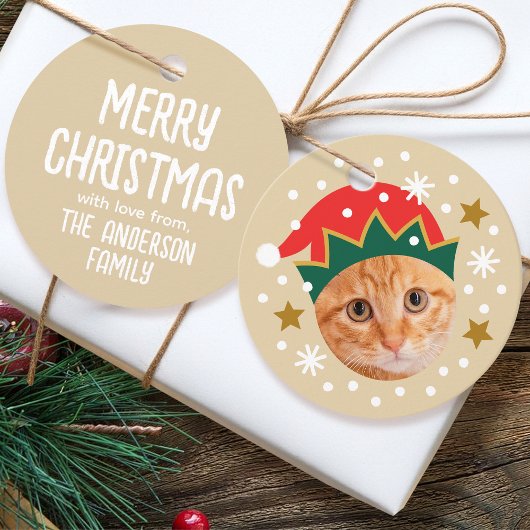 Weihnachts-Foto Name Funny Elf Beige Geschenk Geschenkanhänger
