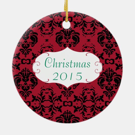 Weihnachts-Foto Red Floral Damask Keramikornament (Hinten)