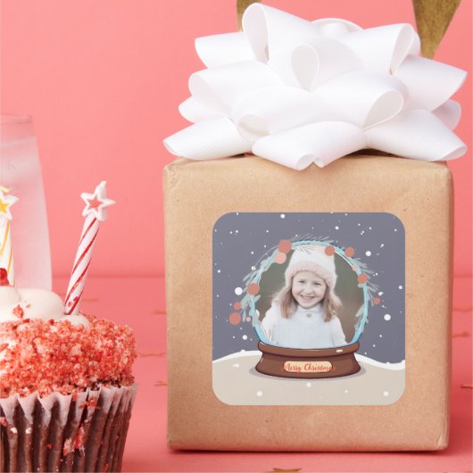 Weihnachts-Foto Snow Globe Quadratischer Aufkleber (Party)