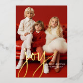 Weihnachts-Foto Vertikal - Script Gold JOY kariert Folien Feiertagskarte (Vorderseite)