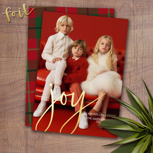 Weihnachts-Foto Vertikal - Script Gold JOY kariert Folien Feiertagskarte