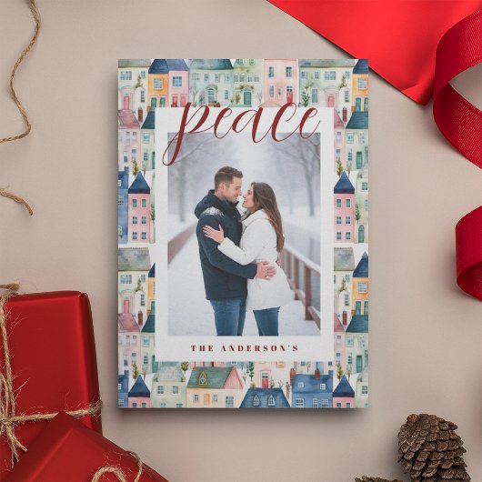 Weihnachts-Foto Wasserfarbige Häuser Rot Feiertagskarte