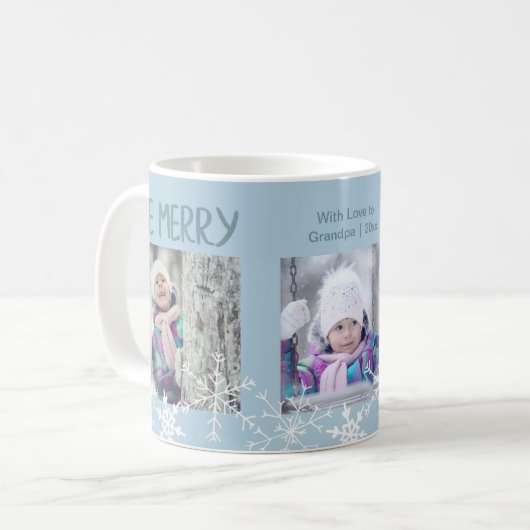 Weihnachts FotoCollage Be Merry Schneeflocken Blau Kaffeetasse (Vorderseite Links)