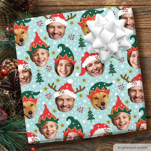 Weihnachts FotoCollage Funny Funny Face Blau Geschenkpapier