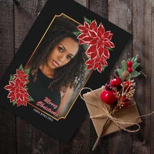 Weihnachts-Fotokarte Rote Poinsettia Schwarze Gren Feiertagskarte