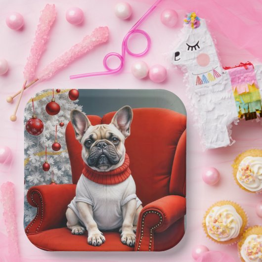 Weihnachts Französischer Bulldog auf einem roten S Pappteller (Party)