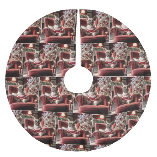 Weihnachts Französischer Bulldog auf einem roten S Polyester Weihnachtsbaumdecke (Vorderseite)