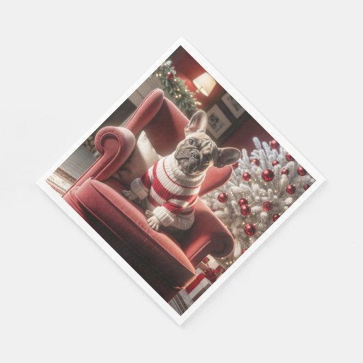 Weihnachts Französischer Bulldog auf einem roten S Serviette (Ecke)