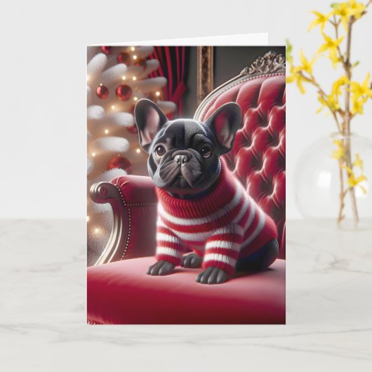 Weihnachts Französischer Bulldog auf rotem Stuhl Karte (Gelbe Blume)
