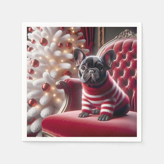 Weihnachts Französischer Bulldog auf rotem Stuhl Serviette (Vorderseite)